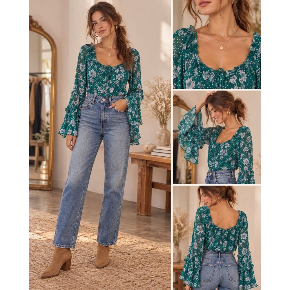 Free People Movement Play Date Floral Bodysuit Small NWT Boho Green Romantic